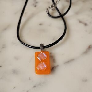 Sliver | Large Dichroic Infused Orange Glass Pendant | Leather Adjust Necklace